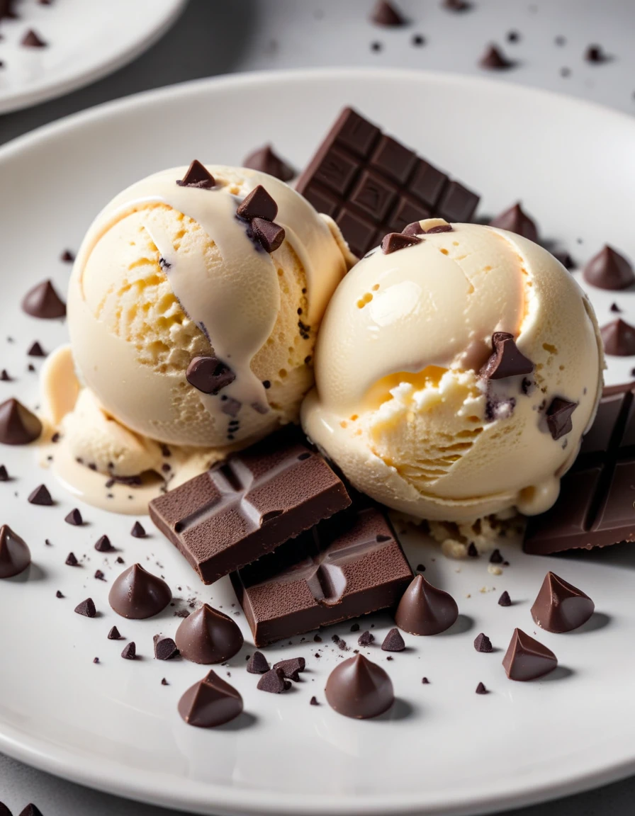 (vanilla ice cream with chocolate chips and pieces of chocolate on a white plate), closeup, macroscopic photo, hyperdetalization, hyperrealism, beautiful foreshortening, cinematic, glow, reflexes, illuminated ((dominant three colors))