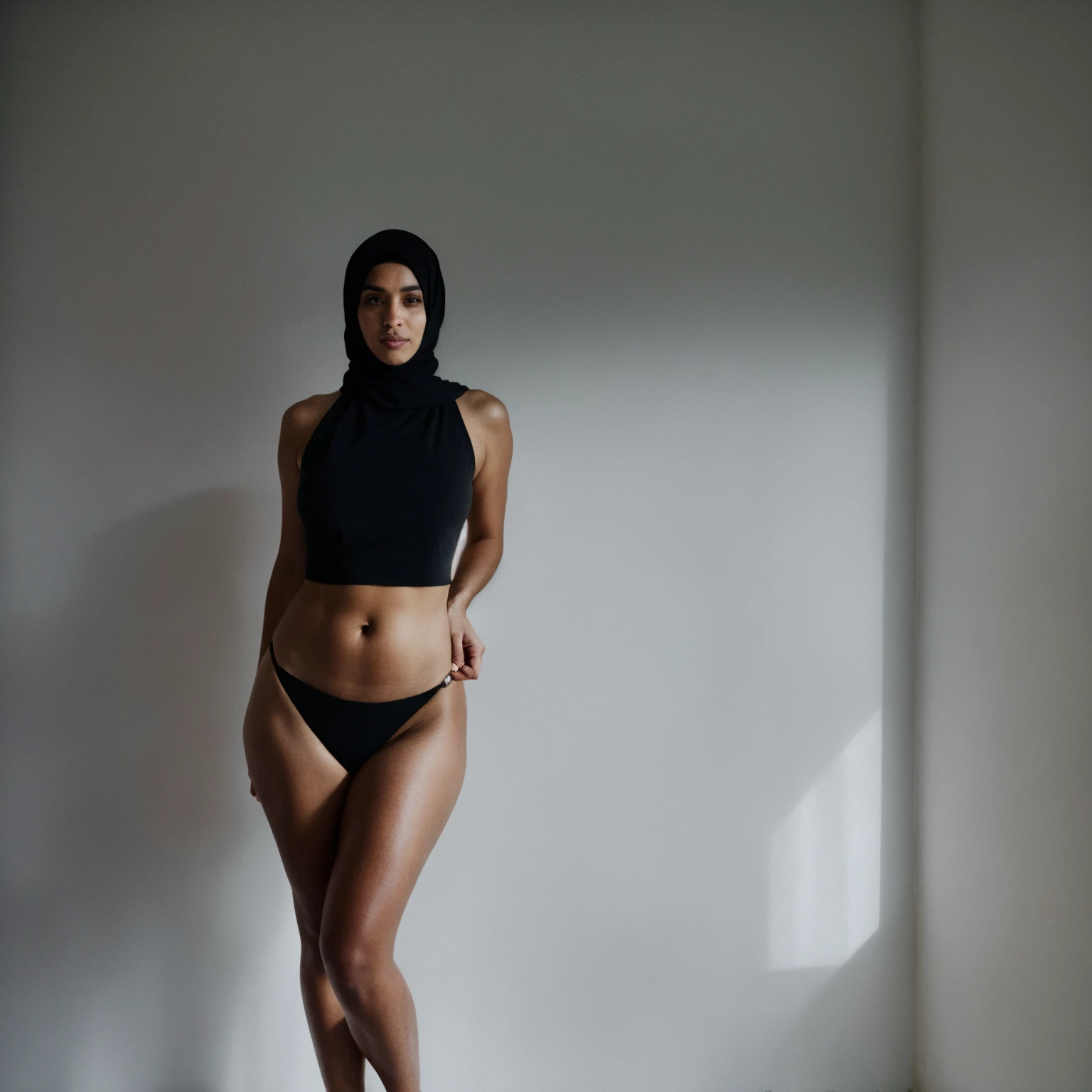 RAW photo,dark,moody,hazy atmosphere,35mm focal lenght,underexposed,cold,candid photograph,artistic,full body,photo of a beautiful,influencer,30yo Moroccan woman,black hijab,detailed skin,naked, looking at viewer, thick body structure,grey background,no background, candid pose,dim room,blue light, film grain, kodak color, instagram LUT