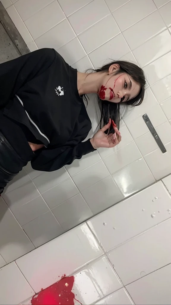 masterpiece, best quality, looking at viewer, facing viewer, bare legs, 1boy, solo, upper body, bow, serafuku, disgusted face, night time, heavy rain, outdoors, city, crop top, navel, wet clothes, drenched, overly long sleeves, hands in sleeves, blood tears, blood marks, dark alleyway, blood splattered on the ground, red bright light, glowing eyes, depth of field,holding a knife,red sky, atmofer,perfect hands