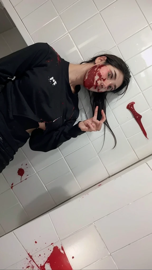 masterpiece, best quality, looking at viewer, facing viewer, bare legs, 1boy, solo, upper body, bow, serafuku, disgusted face, night time, heavy rain, outdoors, city, crop top, navel, wet clothes, drenched, overly long sleeves, hands in sleeves, blood tears, blood marks, dark alleyway, blood splattered on the ground, red bright light, glowing eyes, depth of field,holding a knife,red sky, atmofer,perfect hands