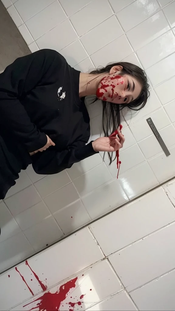 masterpiece, best quality, looking at viewer, facing viewer, bare legs, 1boy, solo, upper body, bow, serafuku, disgusted face, night time, heavy rain, outdoors, city, crop top, navel, wet clothes, drenched, overly long sleeves, hands in sleeves, blood tears, blood marks, dark alleyway, blood splattered on the ground, red bright light, glowing eyes, depth of field,holding a knife,red sky, atmofer,perfect hands