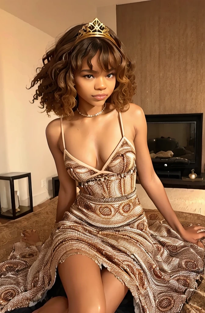 black queen with daughter, queen like Zendaya, (zendaya adulte with daughter), curly hair, African queen with long curly hair, daughter has blond curly hair, cute hairstyle, sheer luxury dress, queen crowned, princess crowned, risqué, sensual
