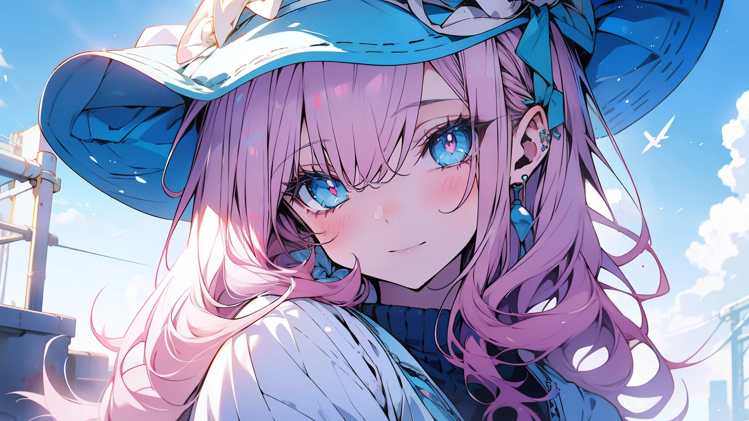 light pink hair，dust-blue pupils，Light Sky Blue Magic Hat，dust, blue and white clothes，Beautiful and flawless sweet girl
