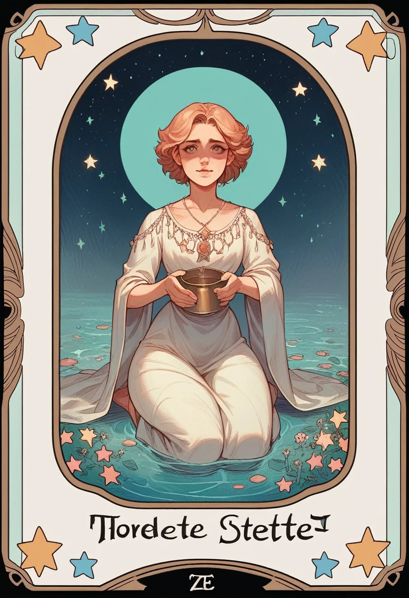 realisitic, photoshot,tarot card,the star, (stele / many stele / Big star) ,1womanl, holding pots, Kneeling, water