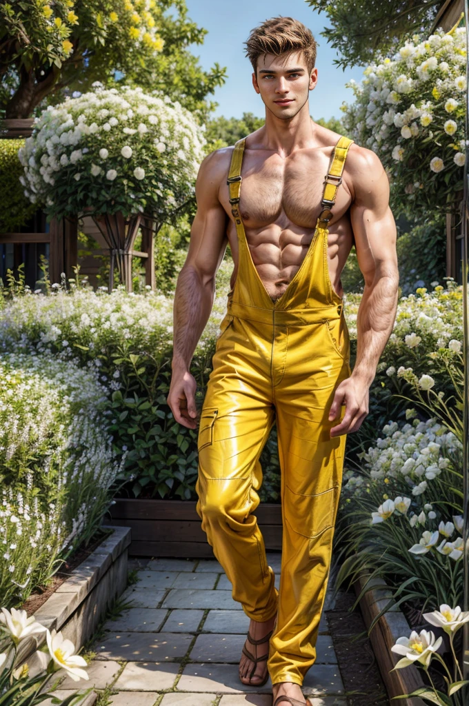Full body shot of A shirtless tall handsome 24 years old young man is standing confidently amidst a garden of white flowers. The flowers, with their vibrant yellow centers, add a pop of color to the scene. The man is wearing a pair of overalls, and his gaze is directed straight at the camera, creating a direct connection with the viewer.