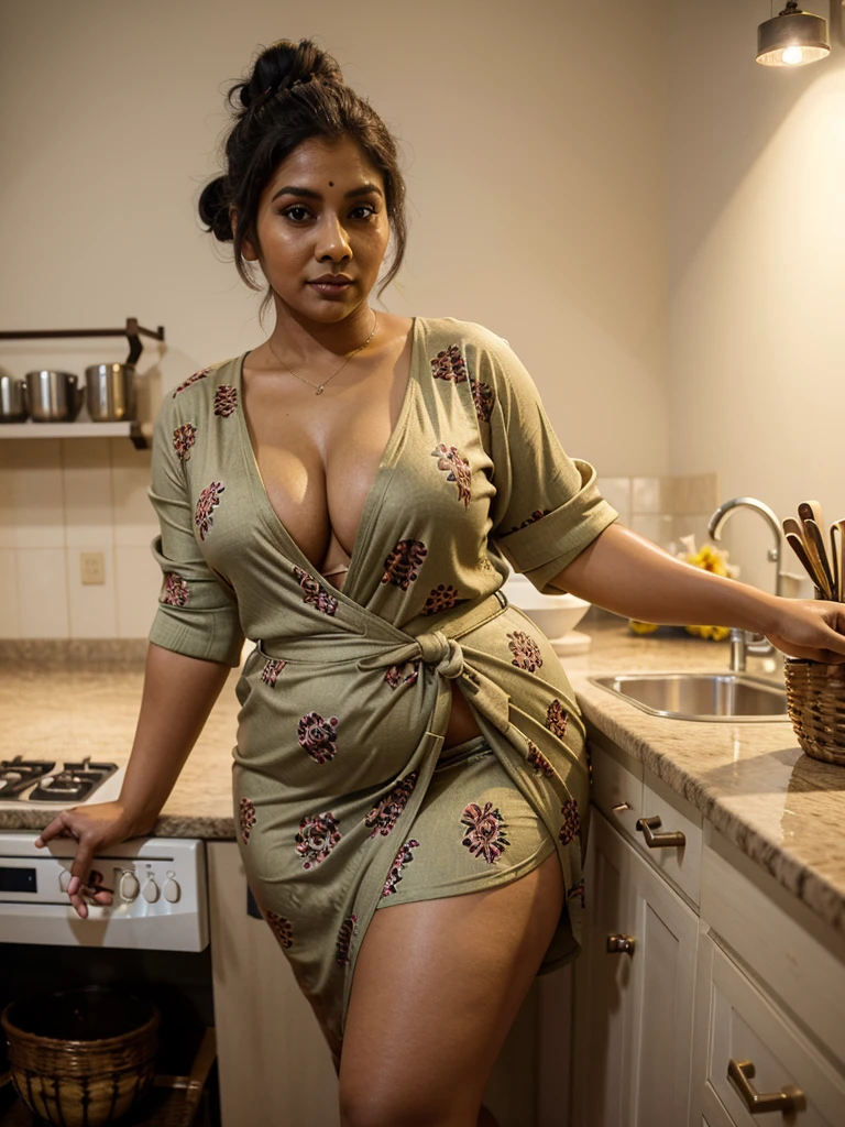 Sri lankan aunty 37 years old curvy body sexy figure fat body hairbun wearing flower pattern tight short night robe at kitchen