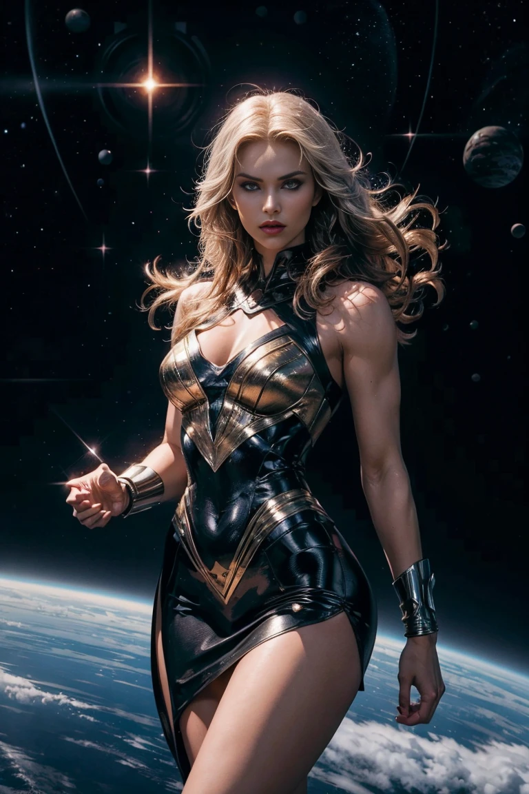 full body superheroine in black bodycon spandex outfit long blond hair blue eyes white skin floating in outer space in superhero pose rpg, unreal engine, high detail, 8k, photorealistic, sharp focus, int::1