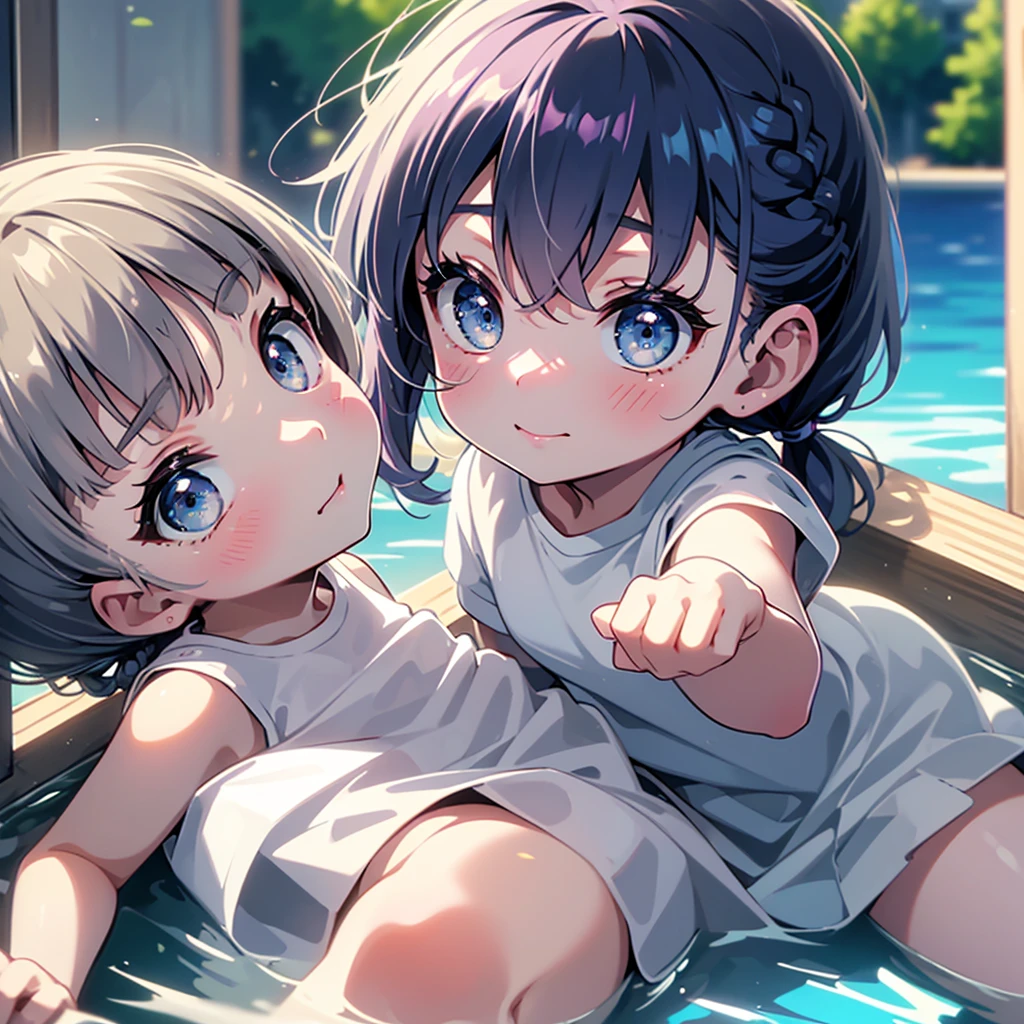 Highest quality、High resolution、Detailed Background、(Beautiful face in every detail:1.4)、Anatomically correct、(Detailed facial expressions)、(fine grain:1.2)、age Beauty、Cute hair colors、Beautiful clear blue eyes、Braided Ponytail、Braided bob cut、Braided twin tails、Elementary school, A cute sleeveless shirt in pastel colors、Outdoor swimming pool、Strong winds、Skirt flutters、Watching the audience、Hands hold nothing、A quiet smile with closed mouth、((Close-up of the mouth))
