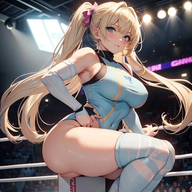 (masterpiece image, very detailed image, best high quality high definition image High very detailed Quality image, Very detailed high quality image), solo character, female wrestling,
1girl, absolute beauty, 28 years old,  fair pale skin, light blue eyes, sexy beauty features, long blonde golden hair tied in two pigtails with pink ribbons and blonde golden hair curly fringe near the nose, voluptuous figure, big breasts, round butt, beautiful legs, (light pale blue one piece leotard with a white stripe line in the belly, grey spandex shorts under the leotard, grey knee pads, light pale blue wrestling boots, light pale blue arms sleeves, grey elbow pads, ), cheerful friendly smiling, cocky attitude, deep femenine strong voice
Dirty gym and wrestling ring