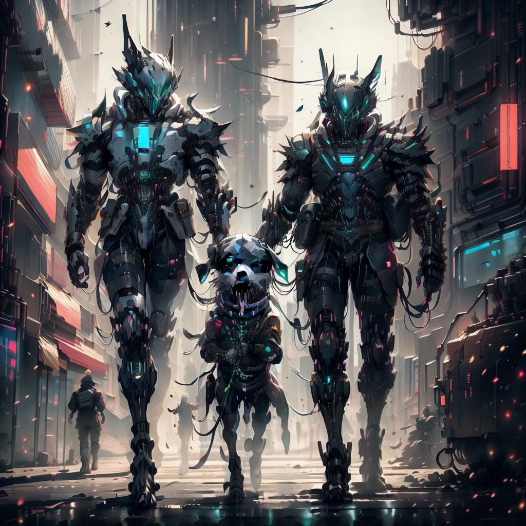 there is a man in a black and green outfit with a backpack, cyberpunk streetwear, cyberpunk suit, cyberpunk street goon, cyberpunk wearing, cyberpunk techwear, muted cyberpunk style, has cyberpunk style, style of cyberpunk, wearing cyberpunk streetwear, cyberpunk soldier, hyper-realistic cyberpunk style, cyberpunk character design, all black cyberpunk clothes, cyborg pet k9 unit in cyber armour, cyberpunk clothes, dog, k9 unit, walking with a cyborg dog