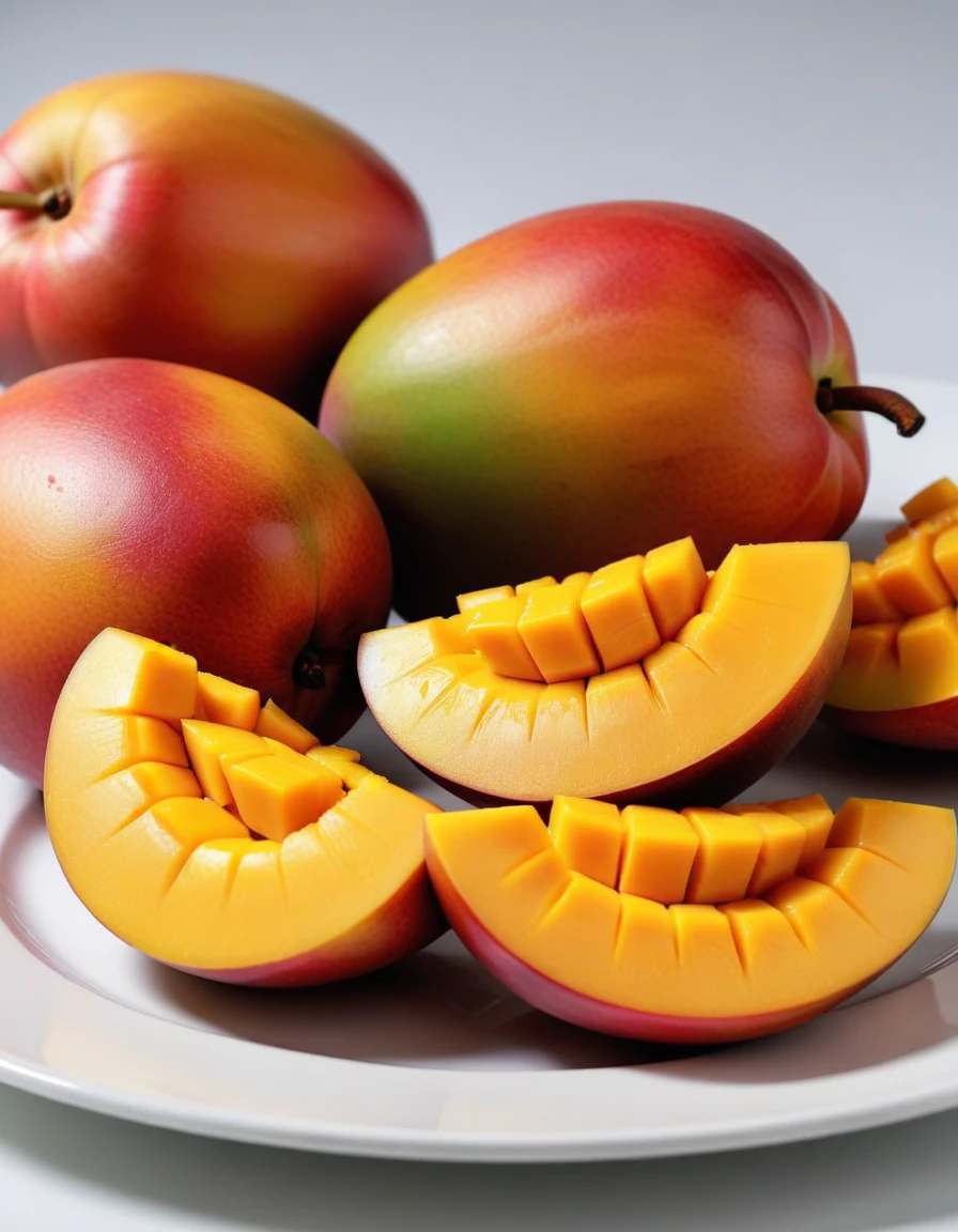 (mango fruit and mango fruit pieces on a white plate), closeup, macroscopic photo, hyperdetalization, hyperrealism, beautiful foreshortening, cinematic, glow, reflexes, illuminated ((dominant three colors))