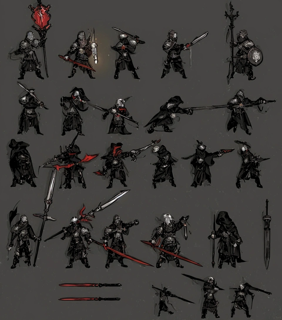 50 year old man, with black cloak and armor on one shoulder, with white hair and beard, using a red sword and spear, Darkest Dungeon art style
