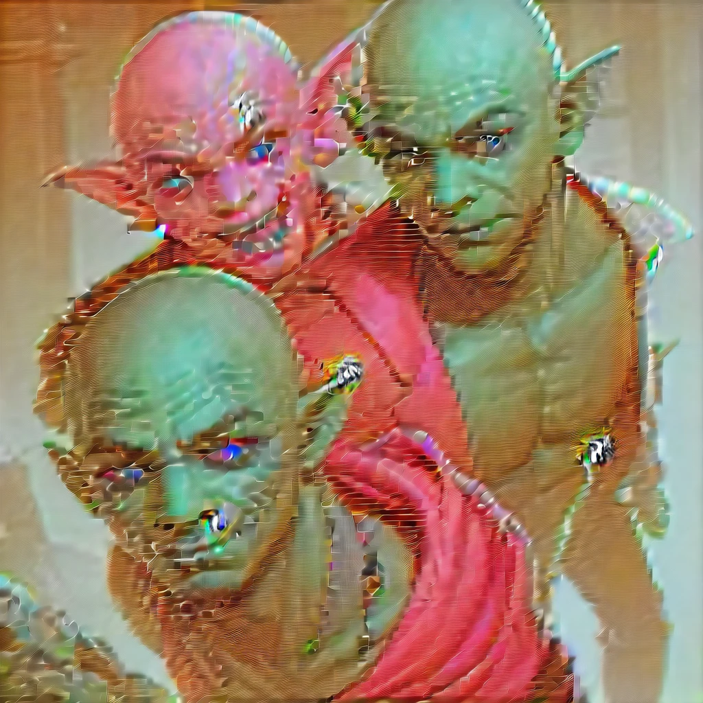 male goblin, with green skin, bald, frowning, with a scar on his face, purple left iris, heterochromatic eyes, looting bandits' bodies