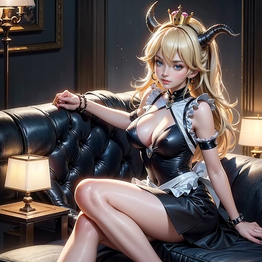 Bowsette, solo, alone, ornament hair, horns, crown, perfectly body, perfectly hands, wave hair, blonde hair, long hair, blue eyes, maid, maid dress, maid headdress, maid apron, white apron, living room scenery, black lantern, gothic style, seat on the sofa, black dress, blue jewel, more details on her clothes, red dress with black details, night, smiling, coat, ((4k, masterpiece, top-quality)),8k, best quality, high resolution, HD, (illustration:0.8), super cute girl, delicate and beautiful face, 1girl, solo, mature girl, super cute hairstyle, (beautiful detailed eyes:1.6), extremely detailed face, perfect lighting, extremely detailed CG, (perfect hands, perfect anatomy), Best quality, cleavage, skirt, full Body, two legs, two arms, two hands, five fingers