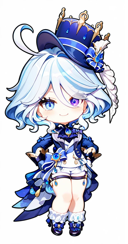 furina,1girl,solo,white background,simple background,full body,smile,looking at viewer,hand on hip,standing,top hat,blue jacket,white gloves,high heels,front view,frilled socks,white shorts,waist cape,thigh strap,heterochromia,jewelry,ascot,chibi,