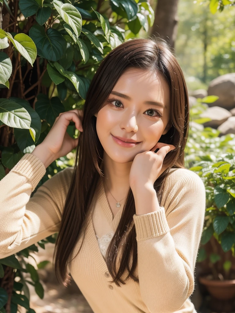 rie,One Woman,(best quality), (ultra detailed), (absolutely resolution),Face is front, 24-years-old, Place your arms behind your head, Office Lady, The color of the clothes is red, The clothes have animal print patterns., Brown Hair, A stream in a lush forest
