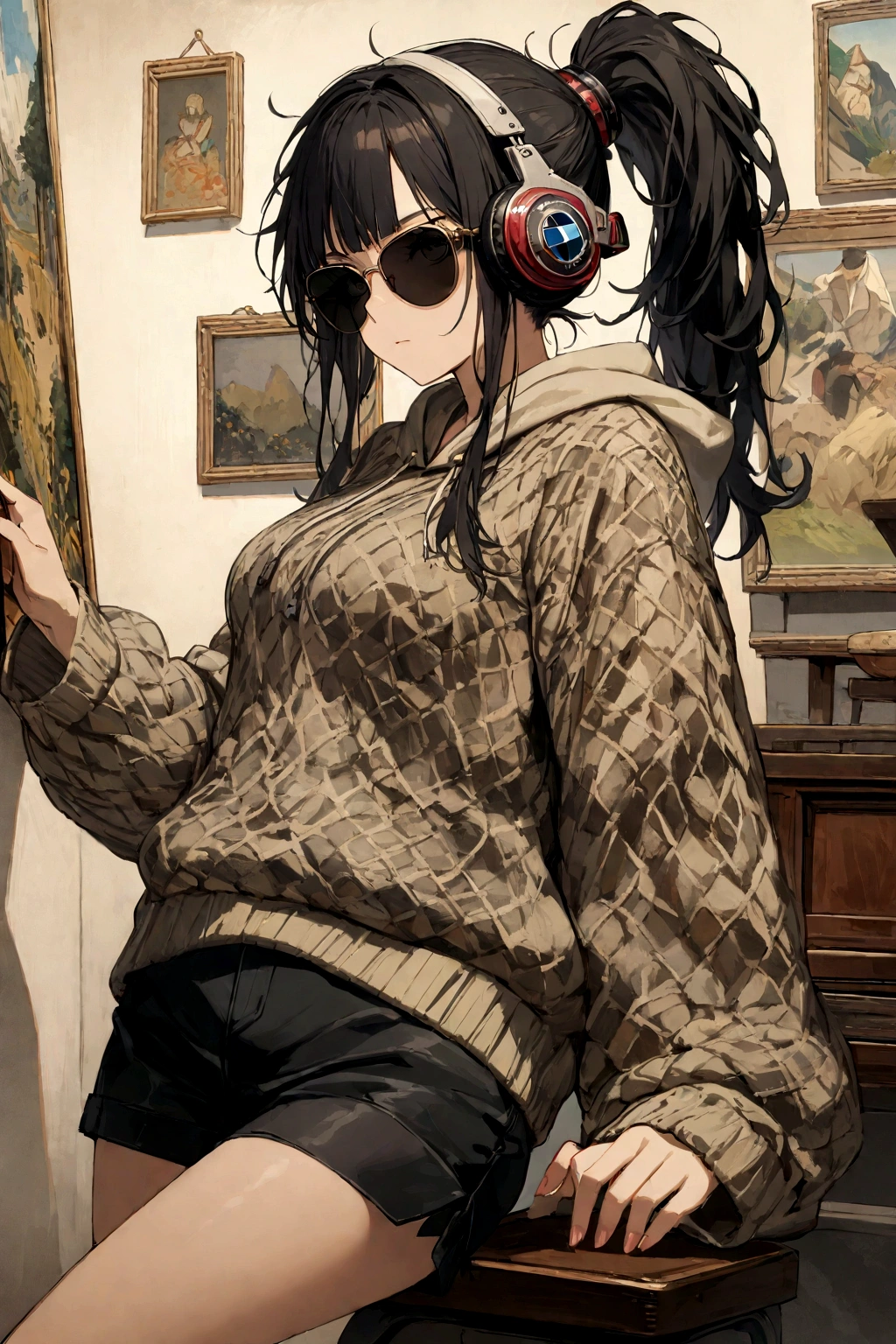 ((8k of extremely detailed CG unit, Masterpiece, high resolution, highest quality, highest quality real texture skin)), (wearing Japanese pattern headphones), ((1 girl)), (((BMW E36))), (((Take the driver's seat))), (((Take the wheel))), (((sunglasses, ponytail))), (Japanese pattern hoodie, Japanese-style shorts), (Black hair, messy hair, beige skin), (surreal, digital painting)