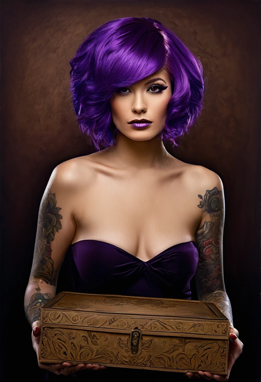 In this image, we see a naked woman with purple hair and a purple wig. She is standing with a box in her hand. The woman is depicted in a painting, and has a chest full of magic. Additionally, there is a bottle of wine in the background, adding a sense of mystery to the scene. The woman''s hair and tattoos are prominent features, adding to her unique and captivating appearance. The overall color palette includes shades of brown, purple, and black, creating a moody and enchanting atmosphere. The woman''s expression is calm and serene, adding to the surreal and dream-like quality of the image.