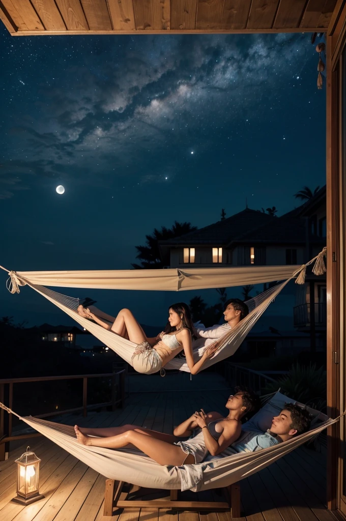 A couple lying on a hammock on the balcony of a beach house, it's at night and they are watching the sky that is quite starry and with the moon full in the background