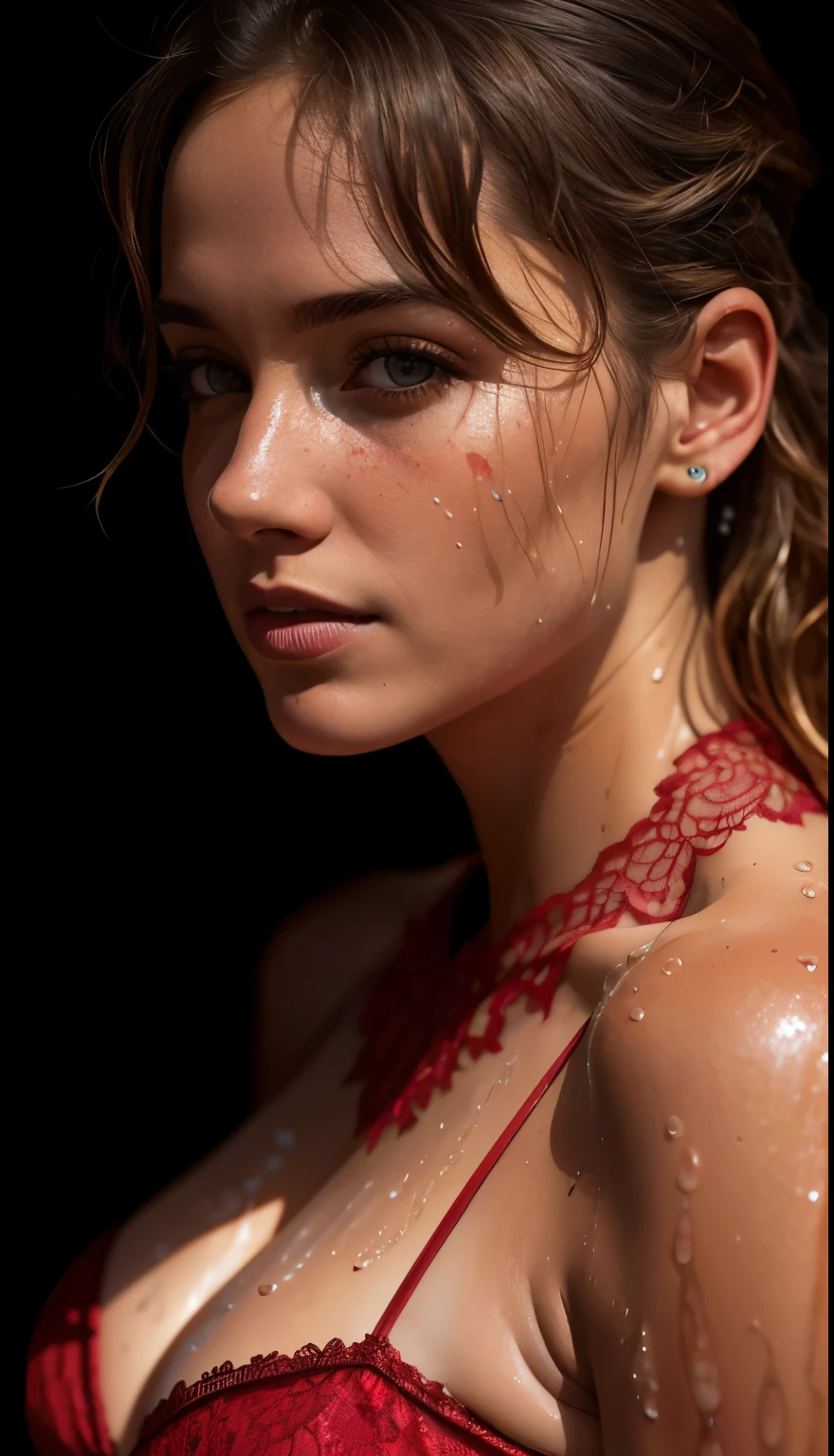 Masterpiece, beautiful happy german brunette girl ((in water outside, red lace intricate future outfit)), sunset lighting, golden hour, golden colors residential quarters, very detailed, dramatic lighting, digital art trending on Artstation 8k HD high definition detailed realistic, detailed, skin texture, hyper detailed, realistic skin texture, armature, best quality, ultra high res, (photorealistic:1.4), high resolution, detailed, raw photo, sharp re, by lee jeffries nikon d850 film stock photograph 4 kodak portra 400 camera f1.6 lens rich colors hyper realistic lifelike texture dramatic lighting unrealengine trending on artstation cinestill 800, (((accurate female anatomy)))
