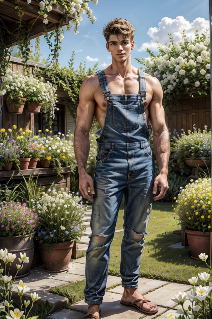 Full body shot of A shirtless tall handsome 24 years old young man is standing confidently amidst a garden of white flowers. The flowers, with their vibrant yellow centers, add a pop of color to the scene. The man is wearing a pair of overalls and show his underwear, and his gaze is directed straight at the camera, creating a direct connection with the viewer.