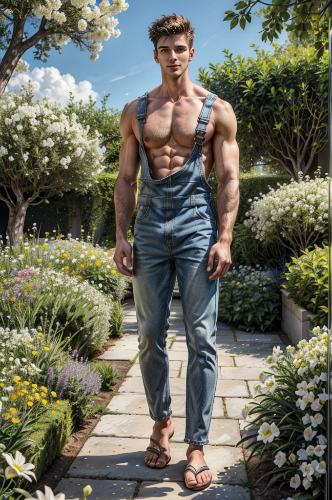 Full body shot of A shirtless tall handsome 24 years old young man is standing confidently amidst a garden of white flowers. The flowers, with their vibrant yellow centers, add a pop of color to the scene. The man is wearing a pair of overalls and show his underwear, and his gaze is directed straight at the camera, creating a direct connection with the viewer.