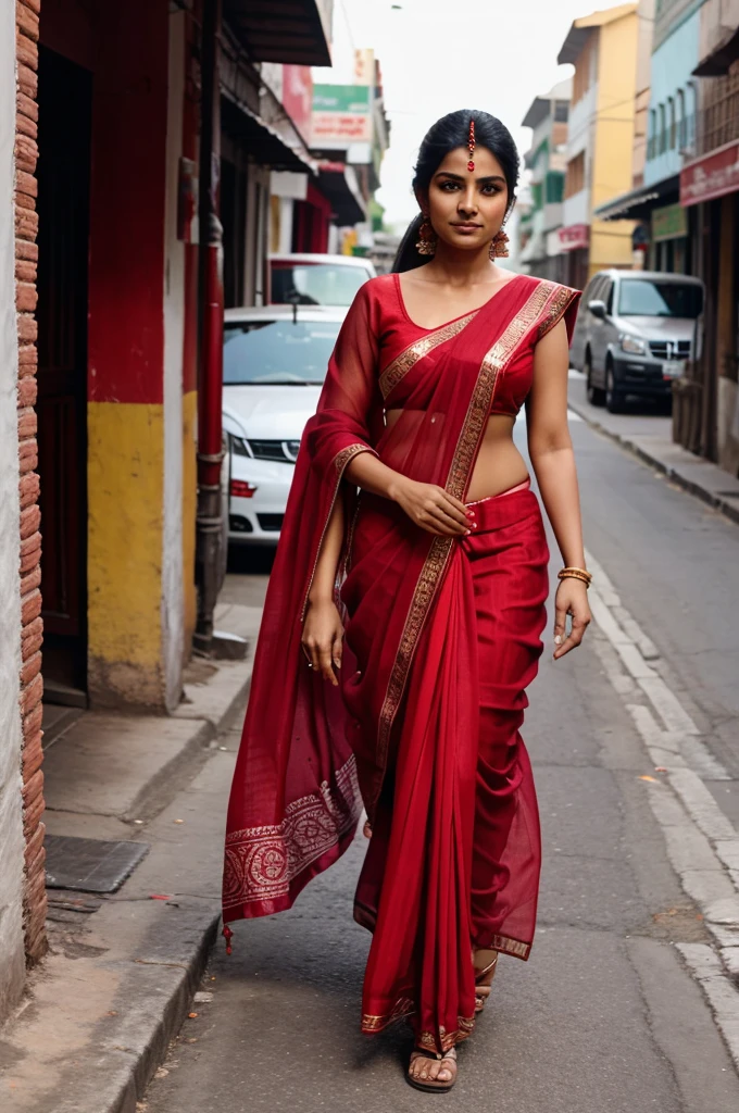 A Indian lady in a red saree walking down the street