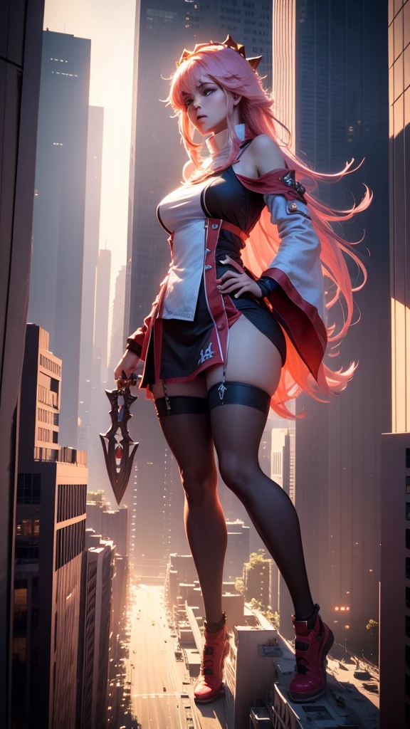 The giant girl and young boy wields a and destroys the city,Girl sitting on a building,A giant woman in a lying on top of a cyberpunk city, Wear short skirts,Little guys running around the giant girl,The little person panicked and ran away,Many cars pass by, Standing on her hand, cgsociety 9, 2. 5 d cgi fantasy art, engine rendering unreal + a goddess, full body cgsociety, artgerm ; Hyper realistic 3d content, giant art, super detailed 3d matte paintings, super detailed 3d matte paintings, realistic fantasy art, realistic 3 d anime style. Beautiful girl. Big thighs."The boy stood on the top of a high-rise building waving to the girl". Color ultra 4k.The little person panicked and ran away.Giant attack.