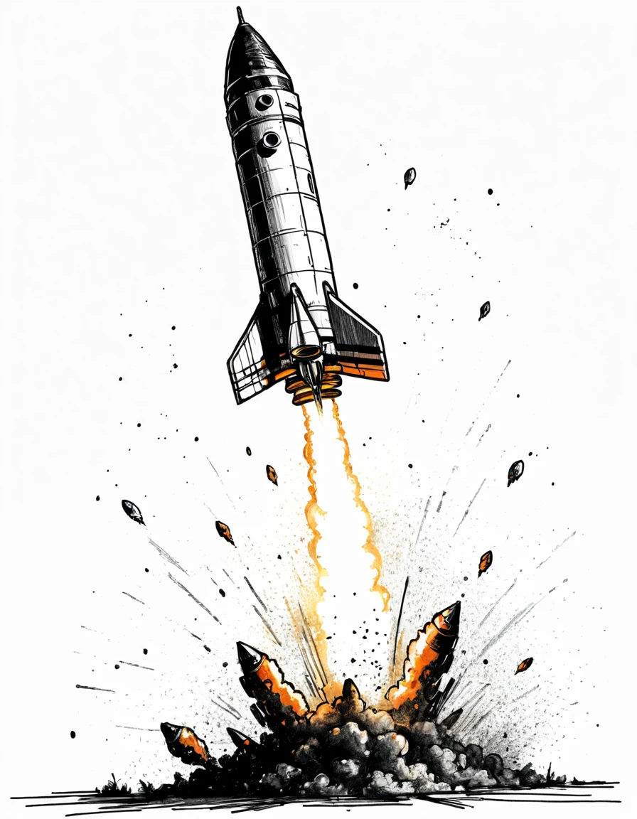 Space rocket sketch, pen drawing, chaotic, minimalist, 4k, UHD, masterpiece