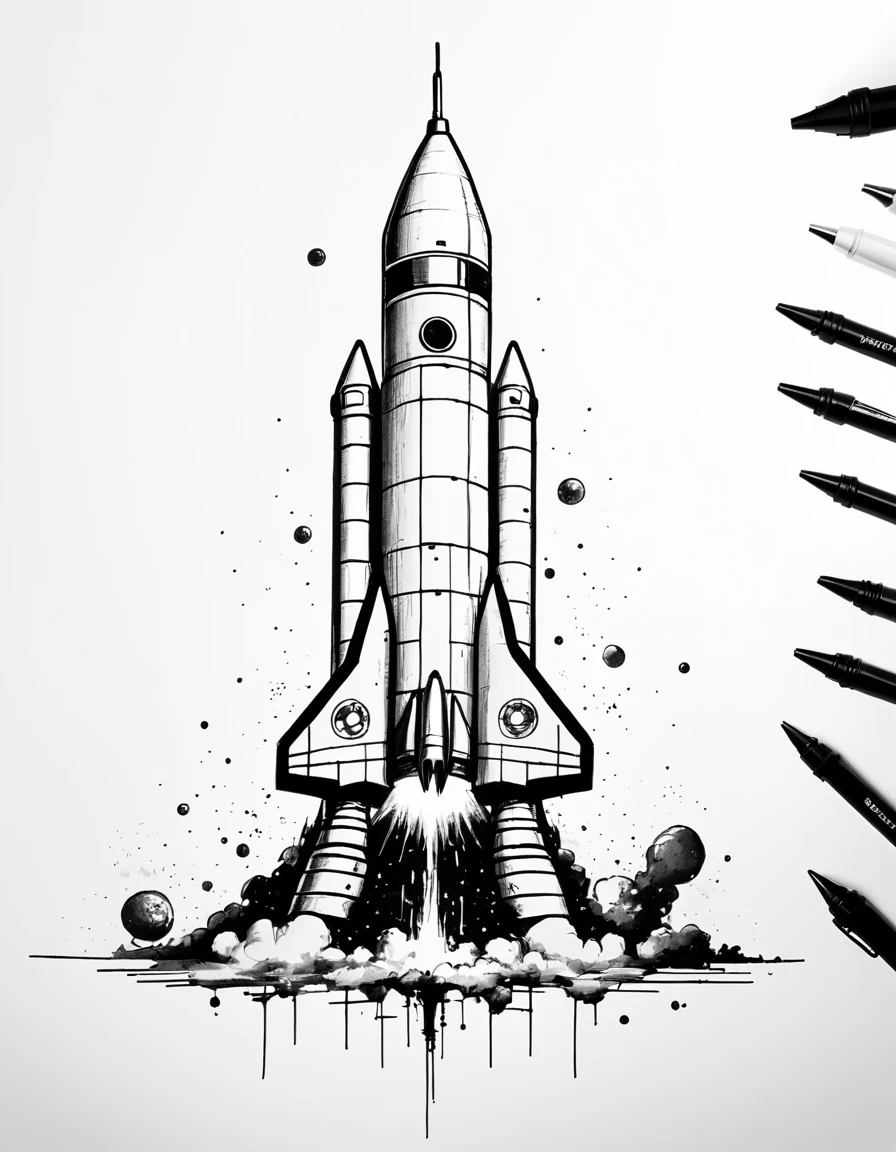 Space rocket sketch, pen drawing, chaotic, minimalist, 4k, UHD, masterpiece