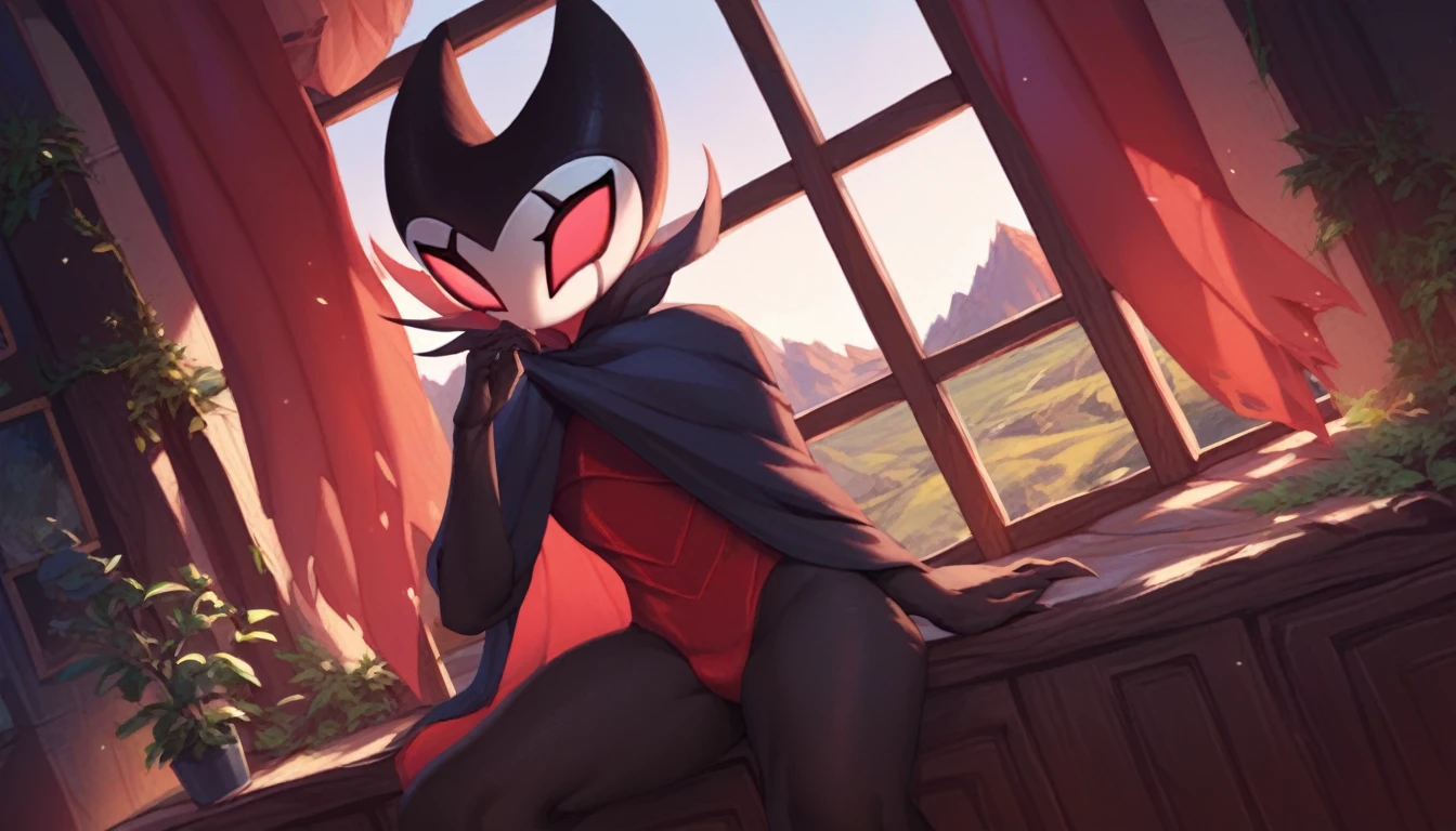 score_9, score_8_up, score_7_up, score_6_up, zPDXL2, grimm \(hollow knight\), vampire, bat, 1boy, solo, cute face, detailed eyes, anthro, clothed, background, near the window, landscape, looking at the viewer, normal angle, highlight thighs,