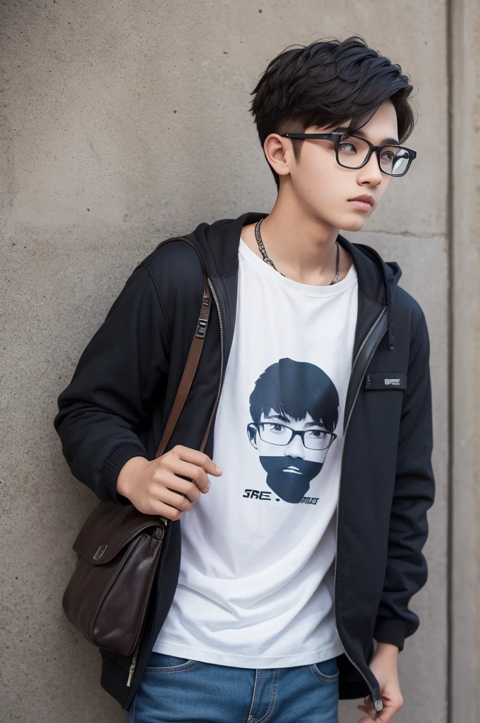 A young 18 year old boy with glasses and low hair wearing streatwear style clothes 