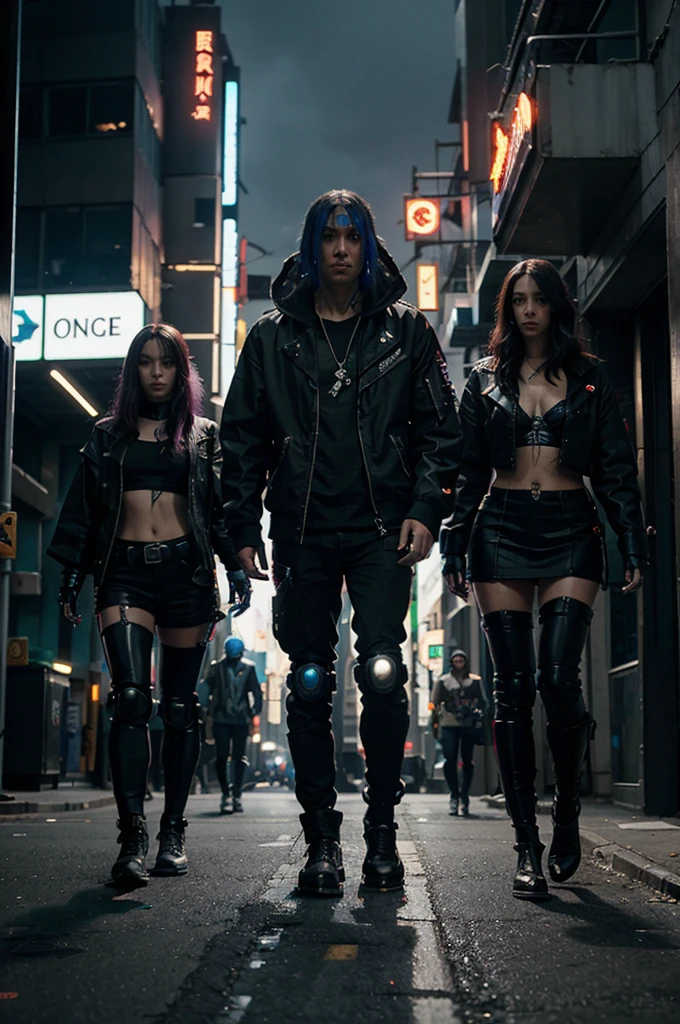 a group of cyberpunk robots walking down the street towards a treasure chest