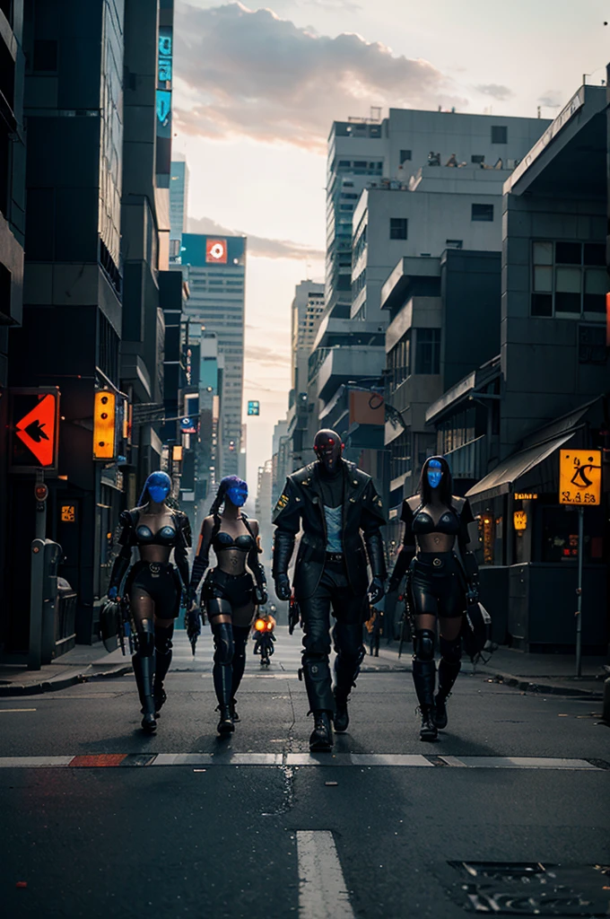 a group of cyberpunk robots walking down the street towards a treasure chest