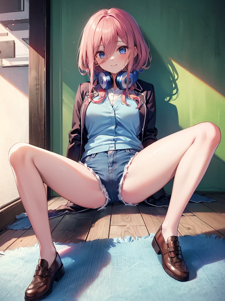 (8K, Highest quality, Highest quality, masterpiece), sit on the floor, (denim hot shorts), (mini shorts), big breasts, ((spread legs 1:2)), nm1, headphones around neck, long sleeves, blue cardigan, pantyhose, (fullbody), smile, school uniform, open jacket