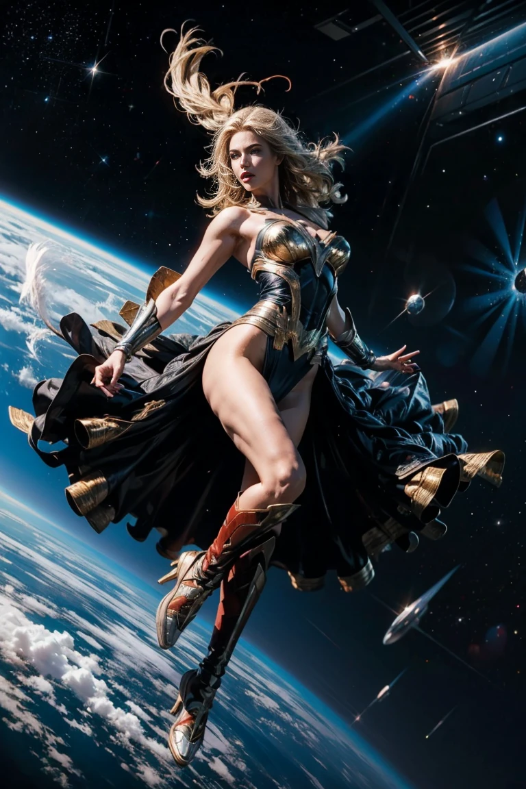 full body superheroine in black bodycon spandex outfit long blond hair blue eyes white skin floating in outer space in superhero pose rpg, unreal engine, high detail, 8k, photorealistic, sharp focus, int::1