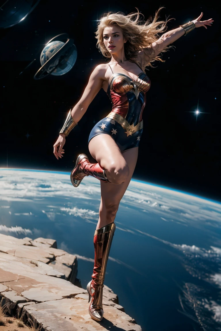 full body superheroine in black bodycon spandex outfit long blond hair blue eyes white skin floating in outer space in superhero pose rpg, unreal engine, high detail, 8k, photorealistic, sharp focus, int::1