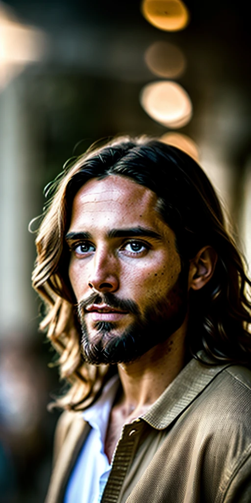 portrait of modern day Jesus, cinematic lighting, depth of field, bokeh, realism, photorealistic, hyperrealism, professional photography, uhd, dslr, hdr