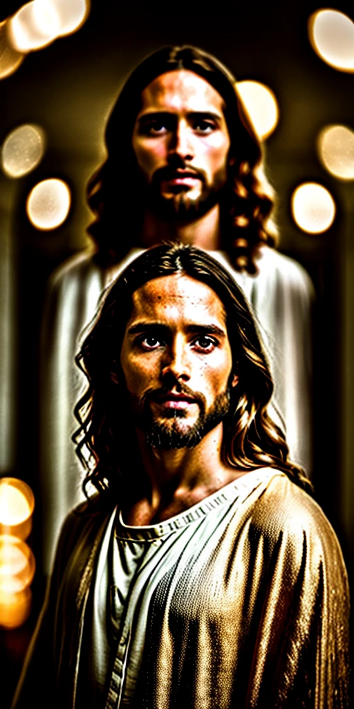 portrait of modern day Jesus, cinematic lighting, depth of field, bokeh, realism, photorealistic, hyperrealism, professional photography, uhd, dslr, hdr