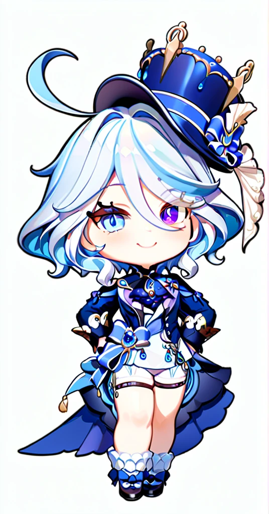 furina,1girl,solo,white background,simple background,full body,smile,looking at viewer,hand on hip,standing,top hat,blue jacket,white gloves,high heels,front view,frilled socks,white shorts,waist cape,thigh strap,heterochromia,jewelry,ascot,chibi,