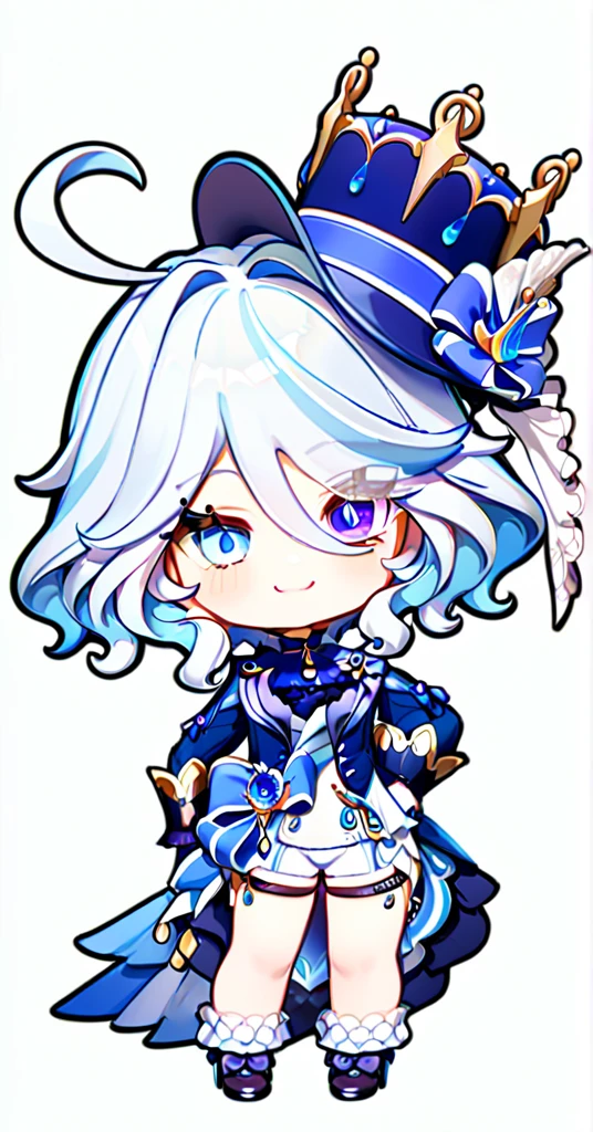 furina,1girl,solo,white background,simple background,full body,smile,looking at viewer,hand on hip,standing,top hat,blue jacket,white gloves,high heels,front view,frilled socks,white shorts,waist cape,thigh strap,heterochromia,jewelry,ascot,chibi,