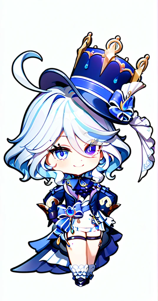 furina,1girl,solo,white background,simple background,full body,smile,looking at viewer,hand on hip,standing,top hat,blue jacket,white gloves,high heels,front view,frilled socks,white shorts,waist cape,thigh strap,heterochromia,jewelry,ascot,chibi,