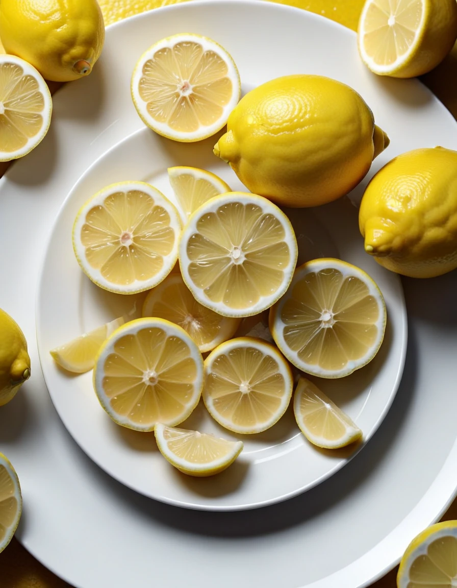 (lemons and pieces of lemon fruits on a white plate), closeup, macroscopic photo, hyperdetalization, hyperrealism, beautiful foreshortening, cinematic, glow, reflexes, illuminated ((dominant three colors))