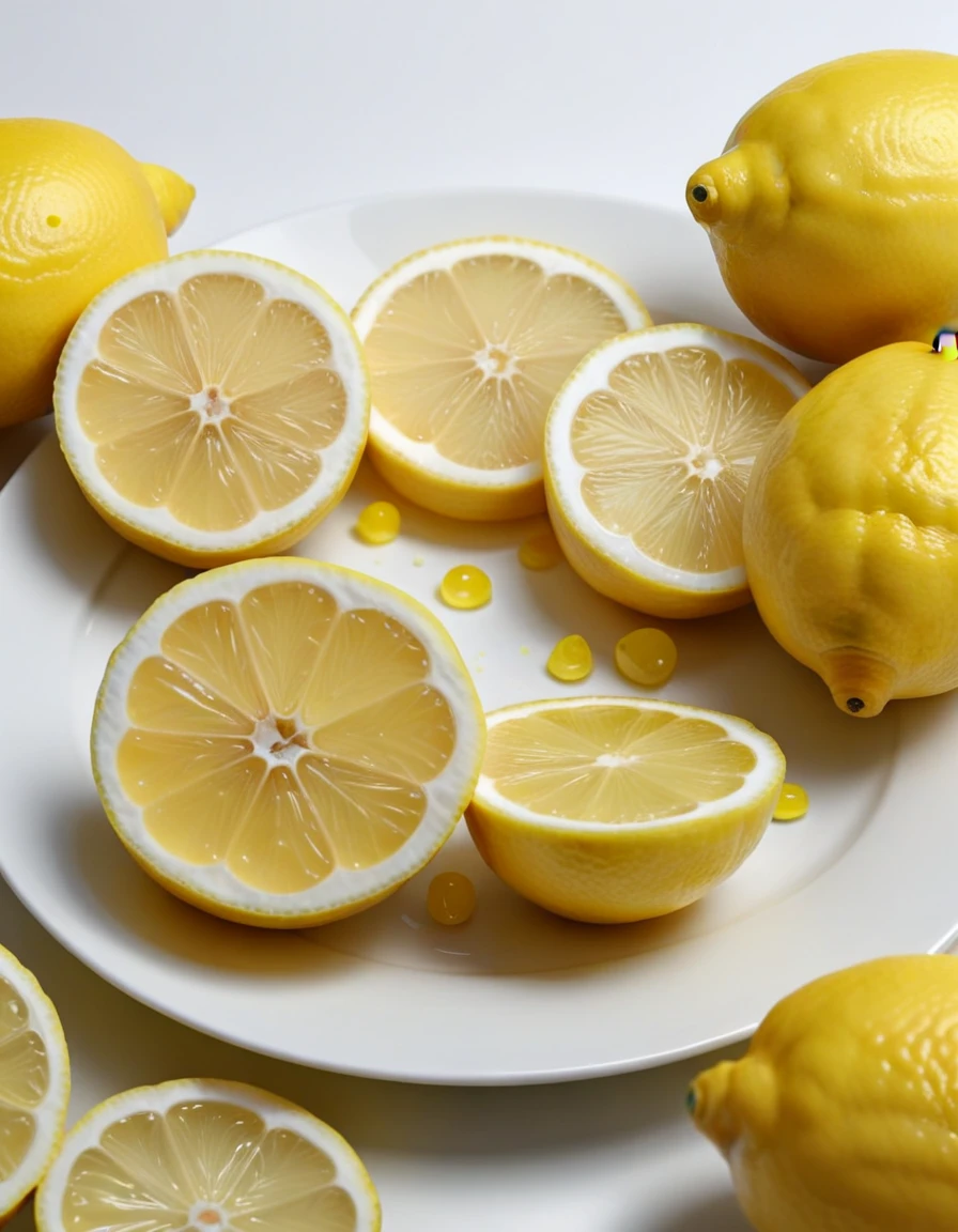 (lemons and pieces of lemon fruits on a white plate), closeup, macroscopic photo, hyperdetalization, hyperrealism, beautiful foreshortening, cinematic, glow, reflexes, illuminated ((dominant three colors))