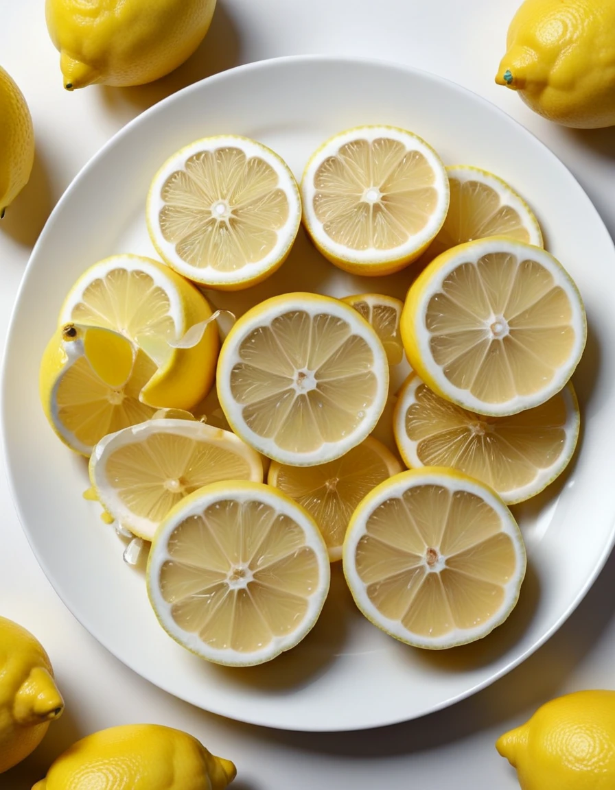 (lemons and pieces of lemon fruits on a white plate), closeup, macroscopic photo, hyperdetalization, hyperrealism, beautiful foreshortening, cinematic, glow, reflexes, illuminated ((dominant three colors))