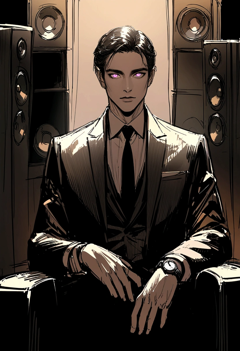 sketch, speaker, Man in suit, Sitting in the dark, looking at his watch, sketch style with dark and mysterious tone, Natural, pastel, Detailed and realistic eyes, very handsome, beautiful