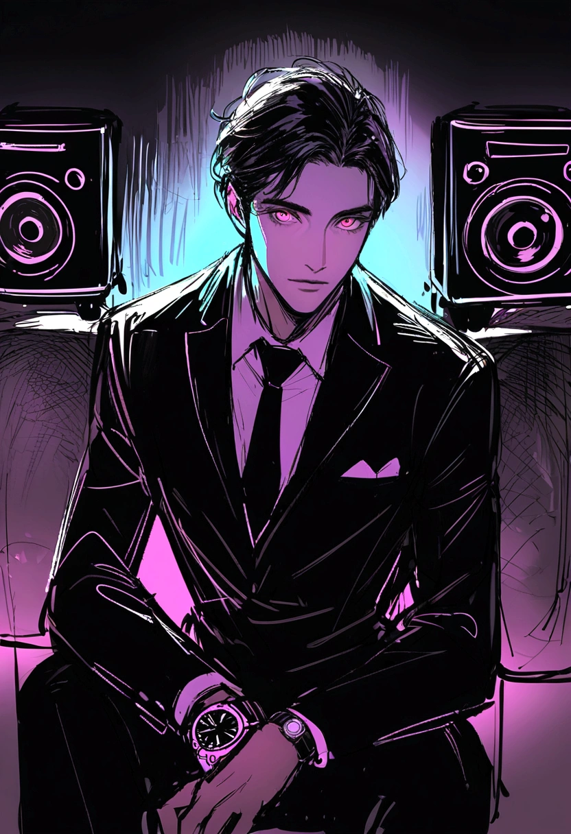 sketch, speaker, Man in suit, Sitting in the dark, looking at his watch, sketch style with dark and mysterious tone, Natural, pastel, Detailed and realistic eyes, very handsome, beautiful