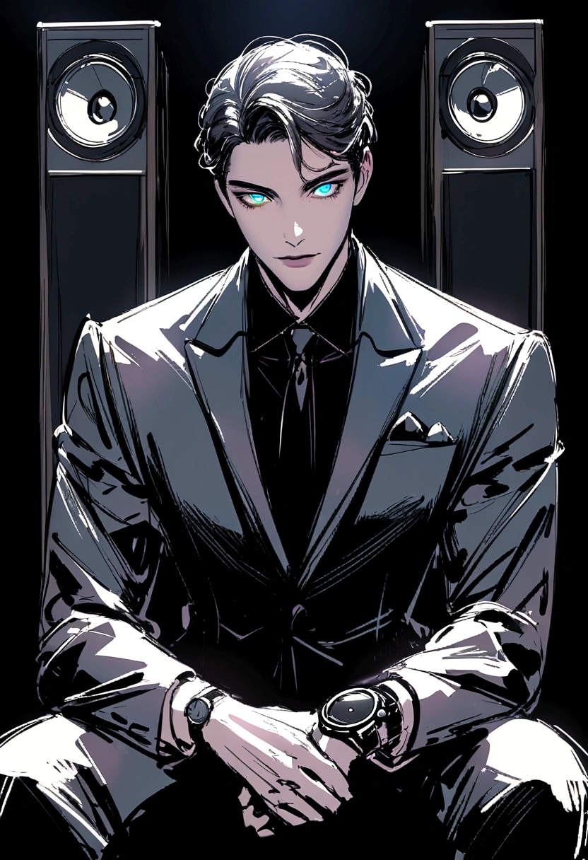 sketch, speaker, Man in suit, Sitting in the dark, looking at his watch, sketch style with dark and mysterious tone, Natural, pastel, Detailed and realistic eyes, very handsome, beautiful