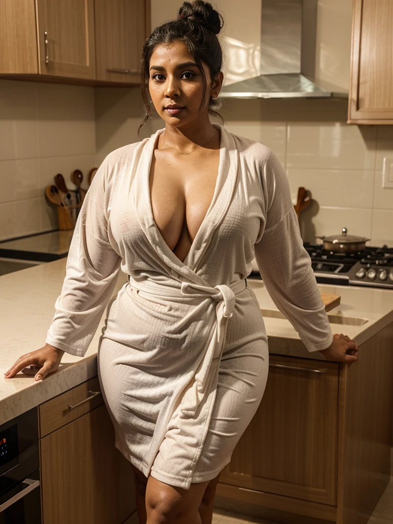 Sri lankan aunty 37 years old curvy body sexy figure fat body hairbun wearing tight short night robe at kitchen