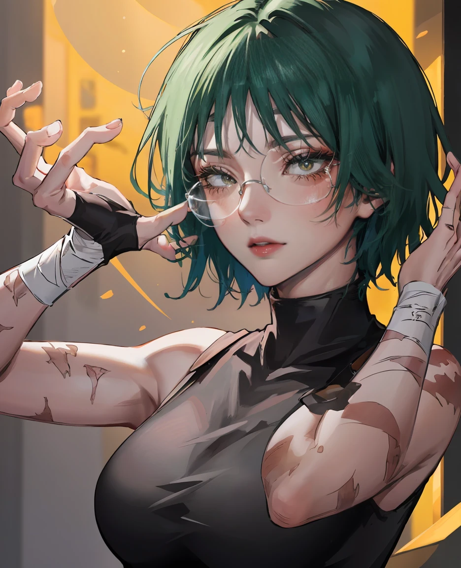 (masterpiece:1.2, best quality:1.2, beautiful, high quality, highres:1.1), 1girl, detailed, short hair, short fluffy hair, short green hair, extremely detailed 4K, perfect eyes, perfect face, only 1 girl, visible bandaid, 1 eye, bandaid covering eye, other eye covered, eye covered with bandaid, circle arms, serious gaze, ready for battle, combat face, nice view, sexy, glasses, circle shaped glasses, yellow shiny eyes, yellow colored eyes, Bandaid on face, posing, hands, arms, scars on arms, scars on face, scars on cheek, bangs, really short hair, scars on body, Maki Zenin eyes, perfect eyes, scars on face, dangerous, eye patch, white bandage on eye, yellow colored eyes, exotica, scar on face, scar on cheeks, visible scars on cheeks, bandage on eye, scar on eye, Maki Zenin, scar on body, very short hair, circle glasses, dark scars on face, Maki Zenin LoRA, black shirt, scar on eye, scars, sleeveless, crop top, beautiful face, perfect lighting, (1girl, solo, adult female, mature female), thin, lithe body, Maki Zenin, green hair, glasses, (big breasts), ((sensual seductive))